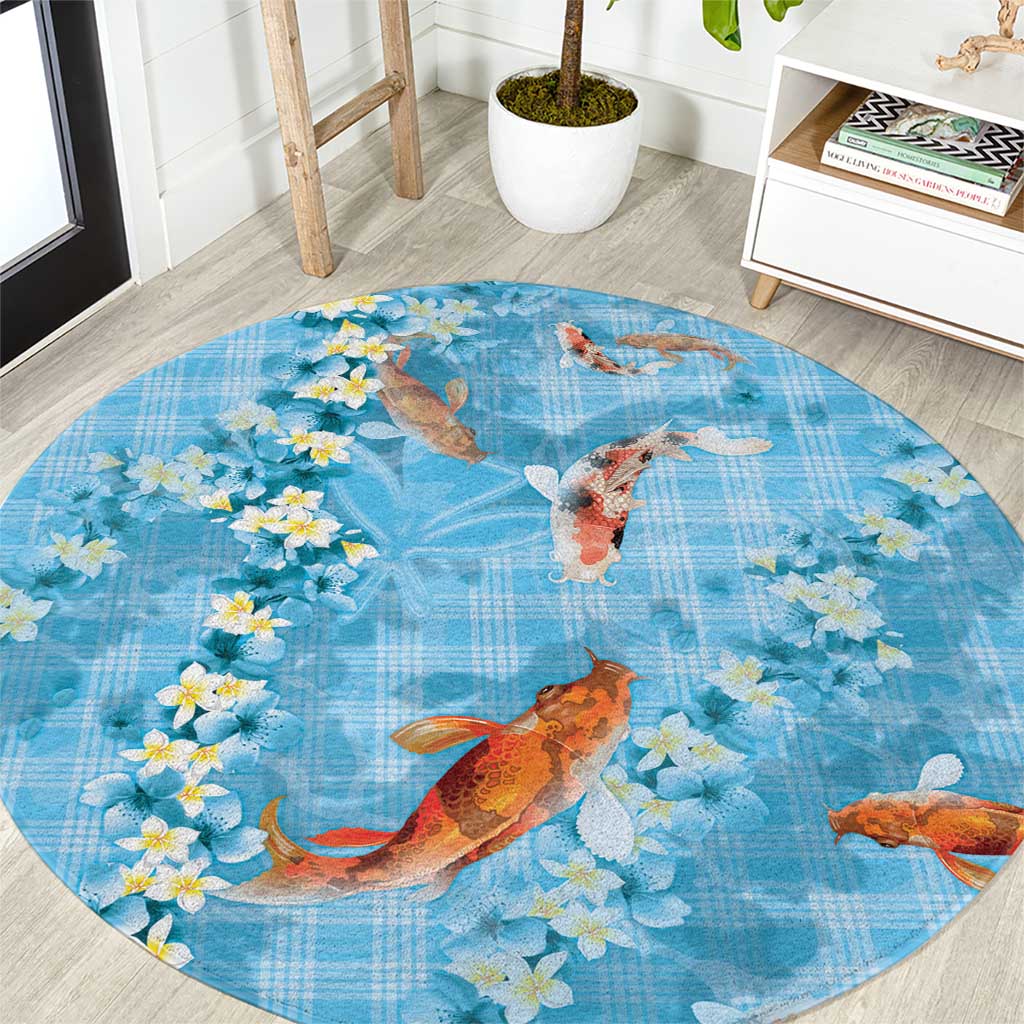 Blue Palaka Hawaiian And Japanese Round Carpet Sakura Lei With Koi Fish - Polynesian Pride
