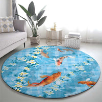 Blue Palaka Hawaiian And Japanese Round Carpet Sakura Lei With Koi Fish - Polynesian Pride