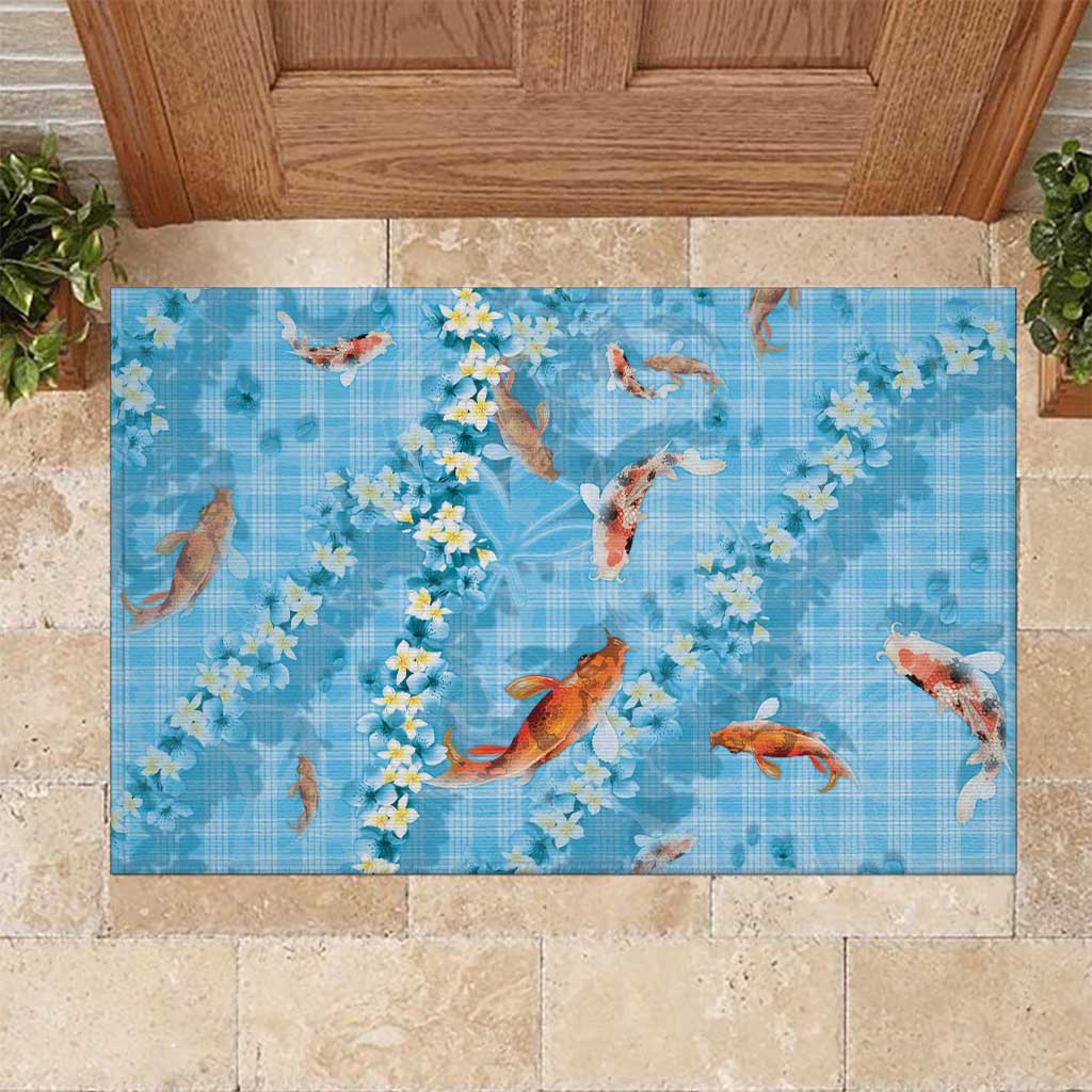 Blue Palaka Hawaiian And Japanese Rubber Doormat Sakura Lei With Koi Fish DT05 Blue - Polynesian Pride