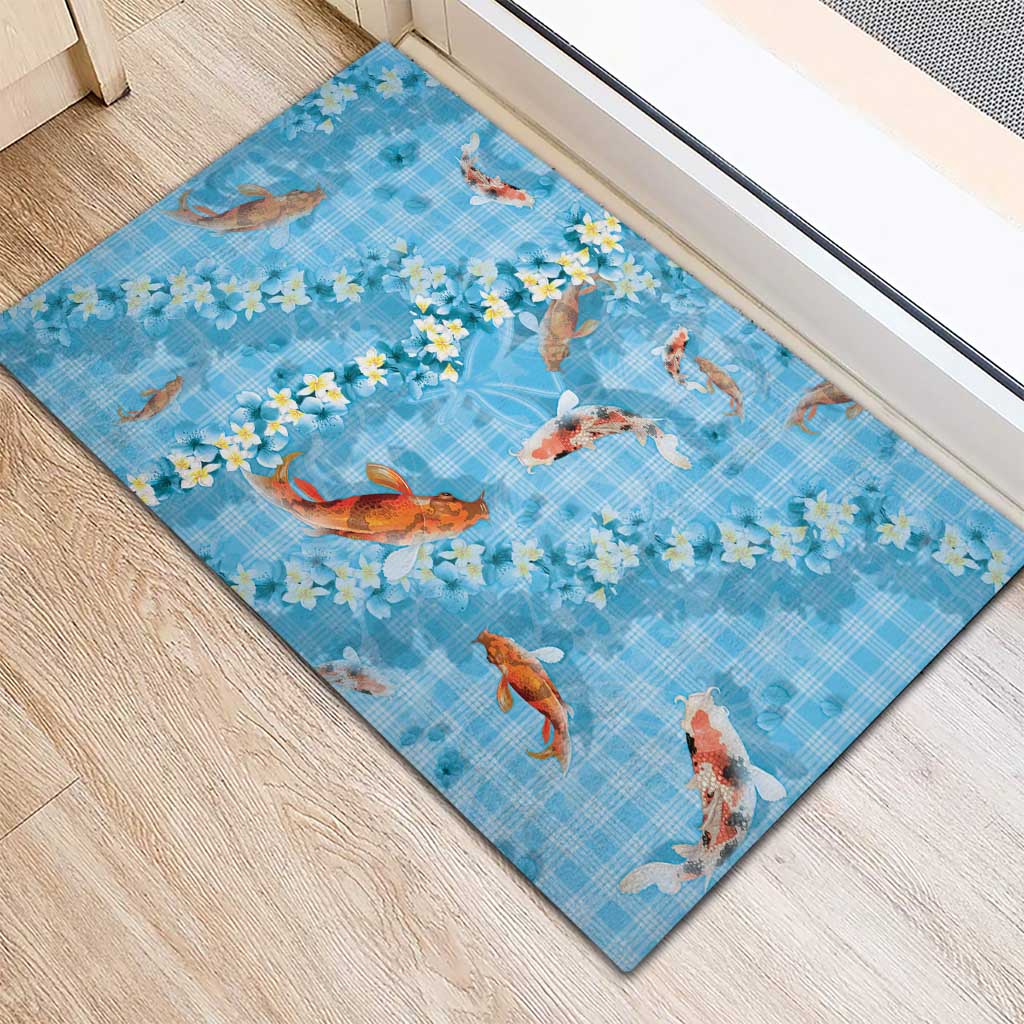 Blue Palaka Hawaiian And Japanese Rubber Doormat Sakura Lei With Koi Fish DT05 - Polynesian Pride
