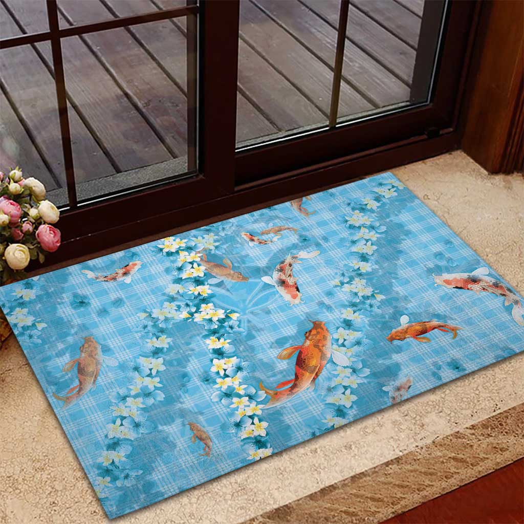 Blue Palaka Hawaiian And Japanese Rubber Doormat Sakura Lei With Koi Fish DT05 - Polynesian Pride