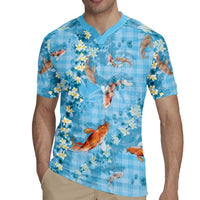 Blue Palaka Hawaiian And Japanese Rugby Jersey Sakura Lei With Koi Fish - Polynesian Pride