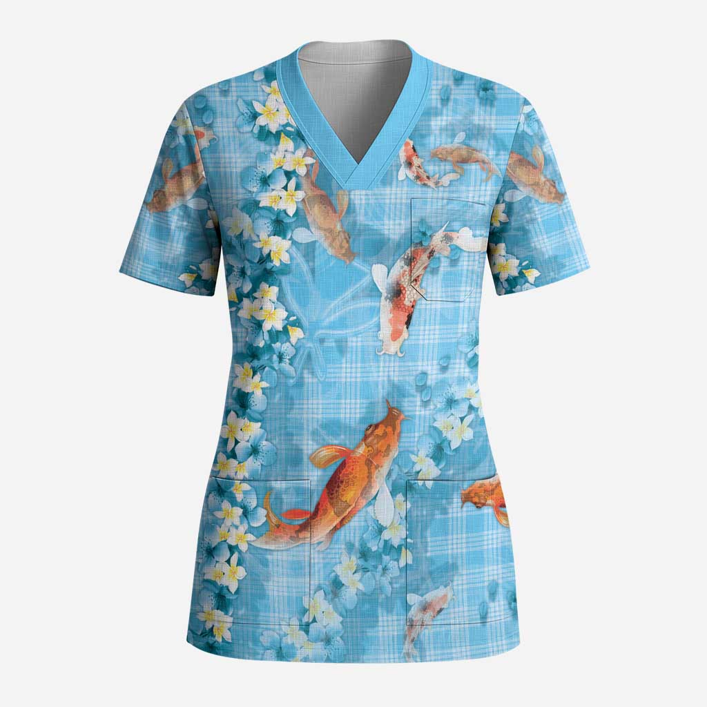 Blue Palaka Hawaiian And Japanese Scrub Top Sakura Lei With Koi Fish DT05 Adult Blue - Polynesian Pride