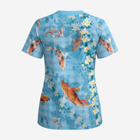Blue Palaka Hawaiian And Japanese Scrub Top Sakura Lei With Koi Fish DT05 - Polynesian Pride