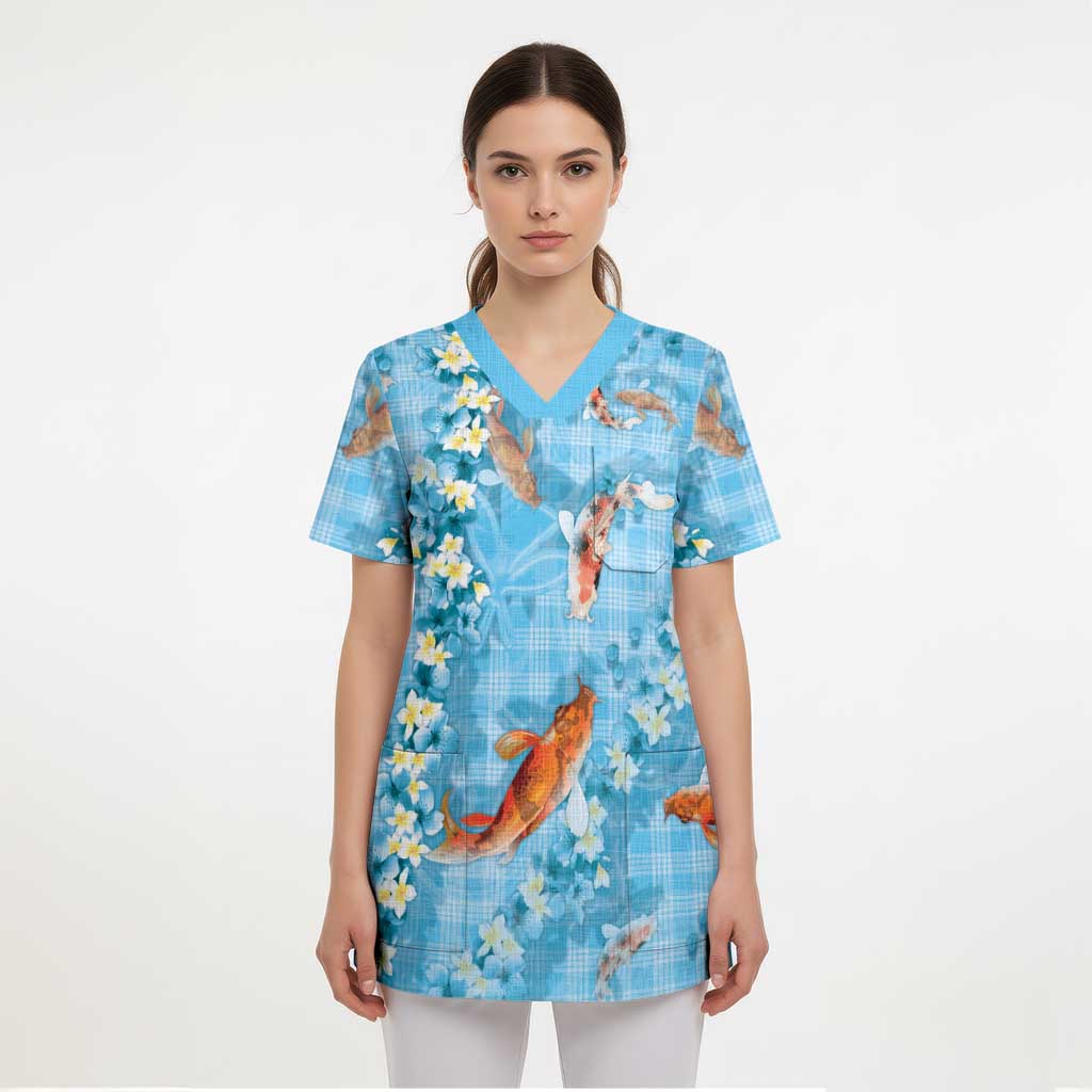 Blue Palaka Hawaiian And Japanese Scrub Top Sakura Lei With Koi Fish DT05 - Polynesian Pride