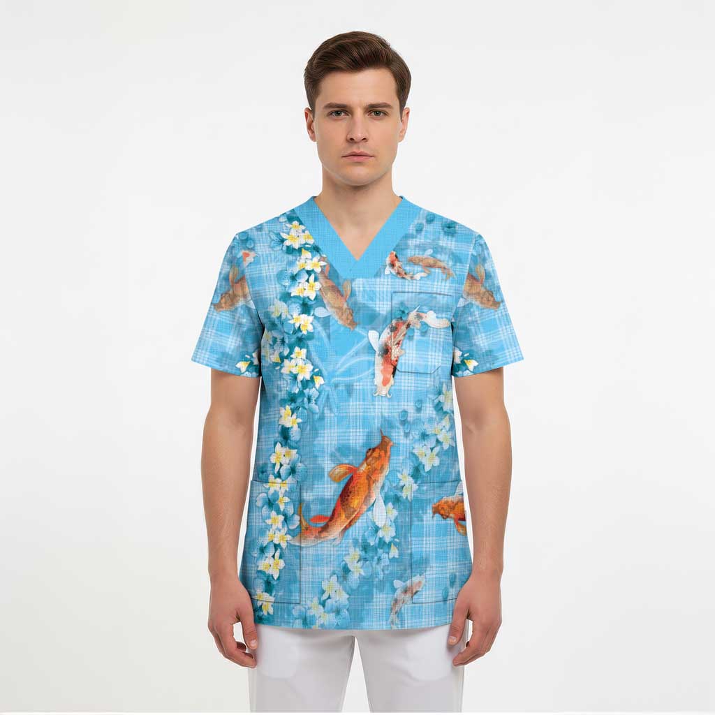 Blue Palaka Hawaiian And Japanese Scrub Top Sakura Lei With Koi Fish DT05 - Polynesian Pride