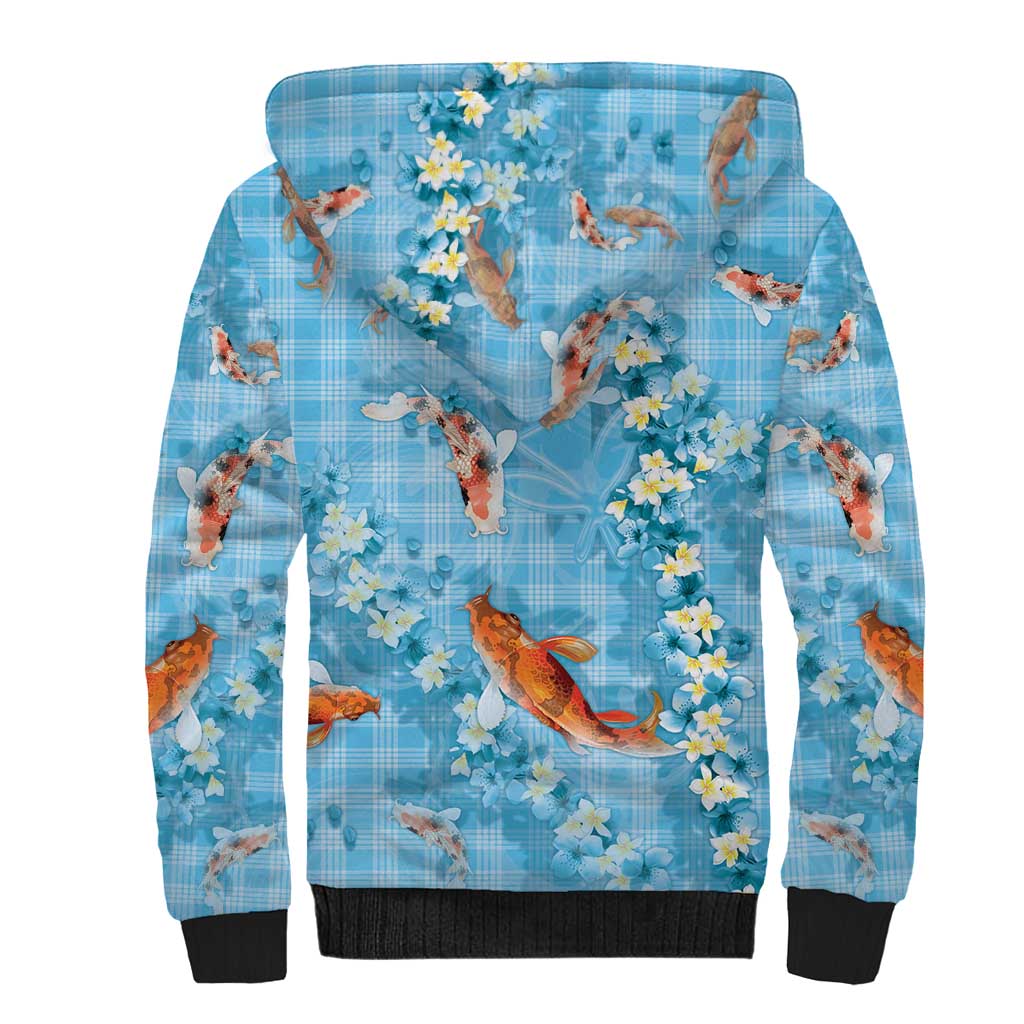 Blue Palaka Hawaiian And Japanese Sherpa Hoodie Sakura Lei With Koi Fish - Polynesian Pride