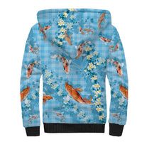 Blue Palaka Hawaiian And Japanese Sherpa Hoodie Sakura Lei With Koi Fish - Polynesian Pride