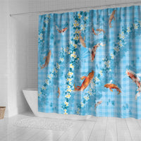 Blue Palaka Hawaiian And Japanese Shower Curtain Sakura Lei With Koi Fish - Polynesian Pride