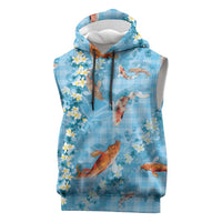 Blue Palaka Hawaiian And Japanese Sleeveless Hoodie Sakura Lei With Koi Fish DT05 Blue - Polynesian Pride