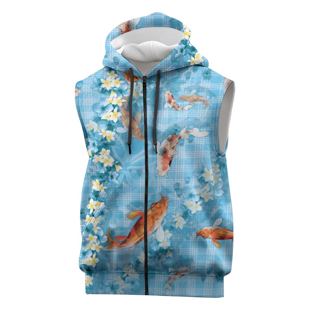 Blue Palaka Hawaiian And Japanese Sleeveless Zip Hoodie Sakura Lei With Koi Fish DT05 Blue - Polynesian Pride