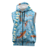 Blue Palaka Hawaiian And Japanese Sleeveless Zip Hoodie Sakura Lei With Koi Fish DT05 Blue - Polynesian Pride