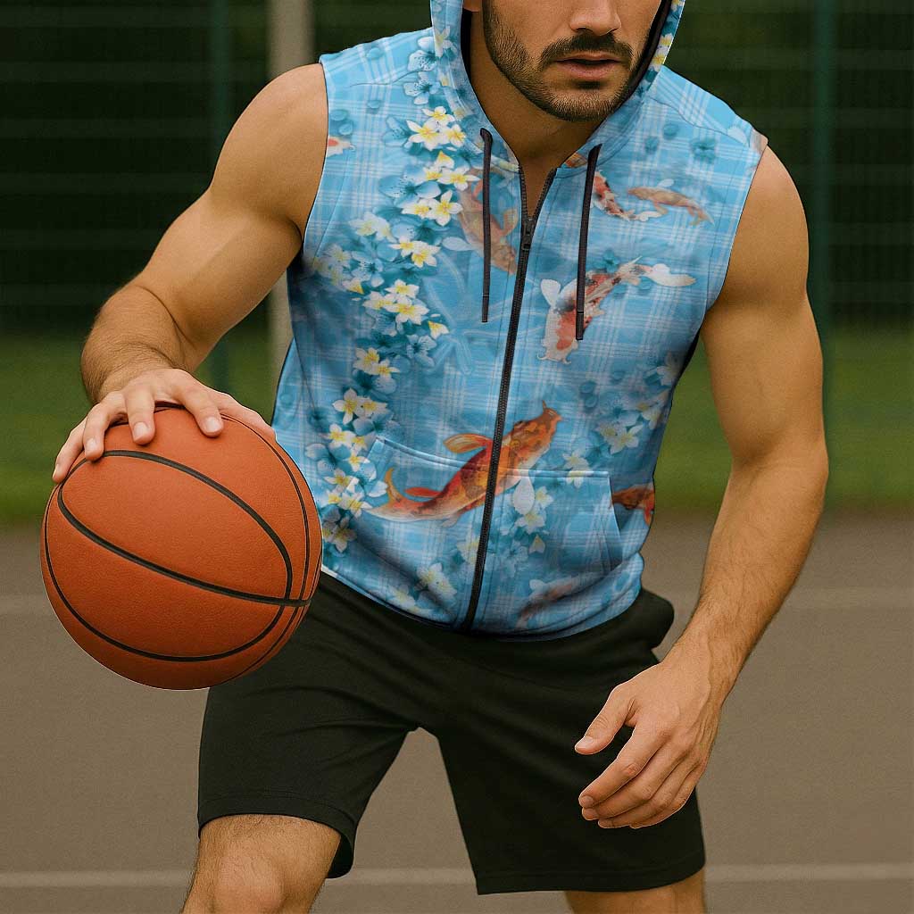 Blue Palaka Hawaiian And Japanese Sleeveless Zip Hoodie Sakura Lei With Koi Fish DT05 - Polynesian Pride