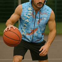 Blue Palaka Hawaiian And Japanese Sleeveless Zip Hoodie Sakura Lei With Koi Fish DT05 - Polynesian Pride