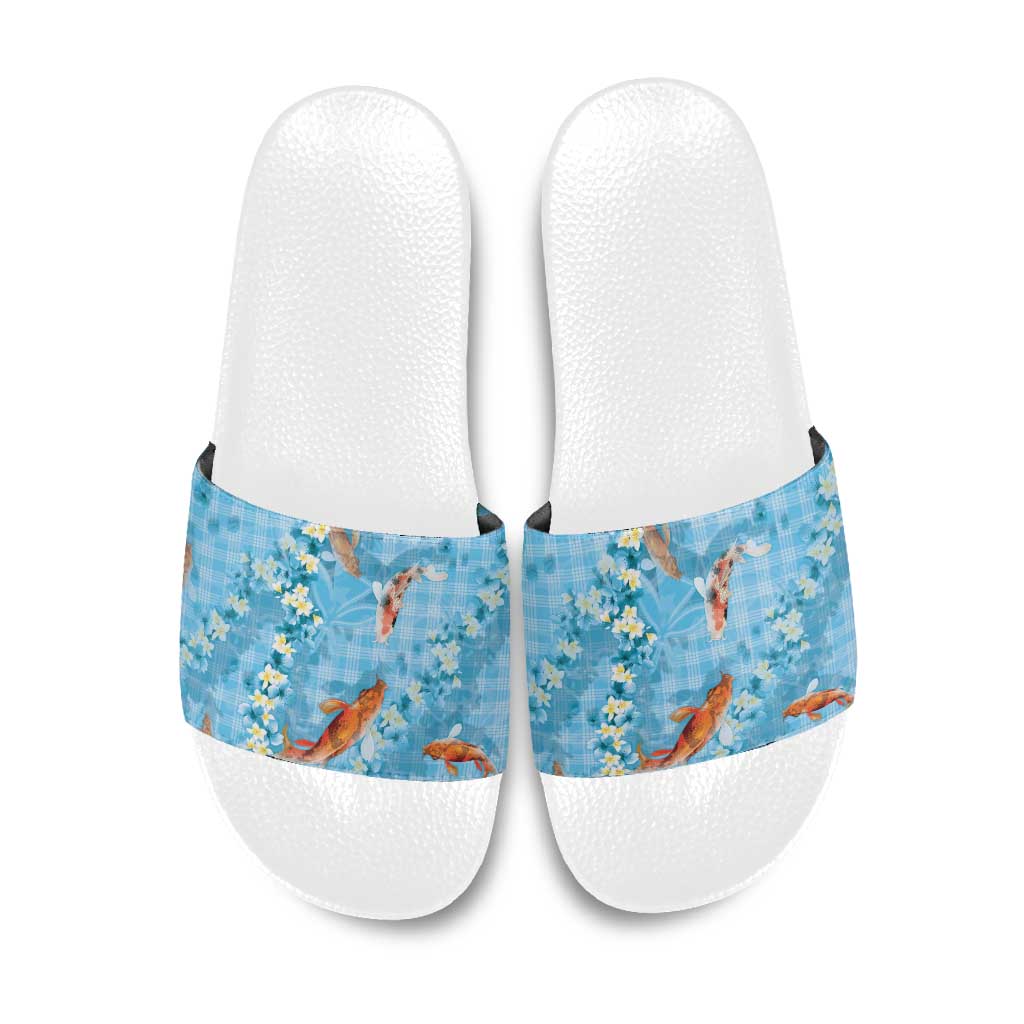 Blue Palaka Hawaiian And Japanese Slide Sandals Sakura Lei With Koi Fish - Polynesian Pride