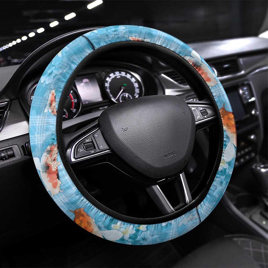 Blue Palaka Hawaiian And Japanese Steering Wheel Cover Sakura Lei With Koi Fish - Polynesian Pride