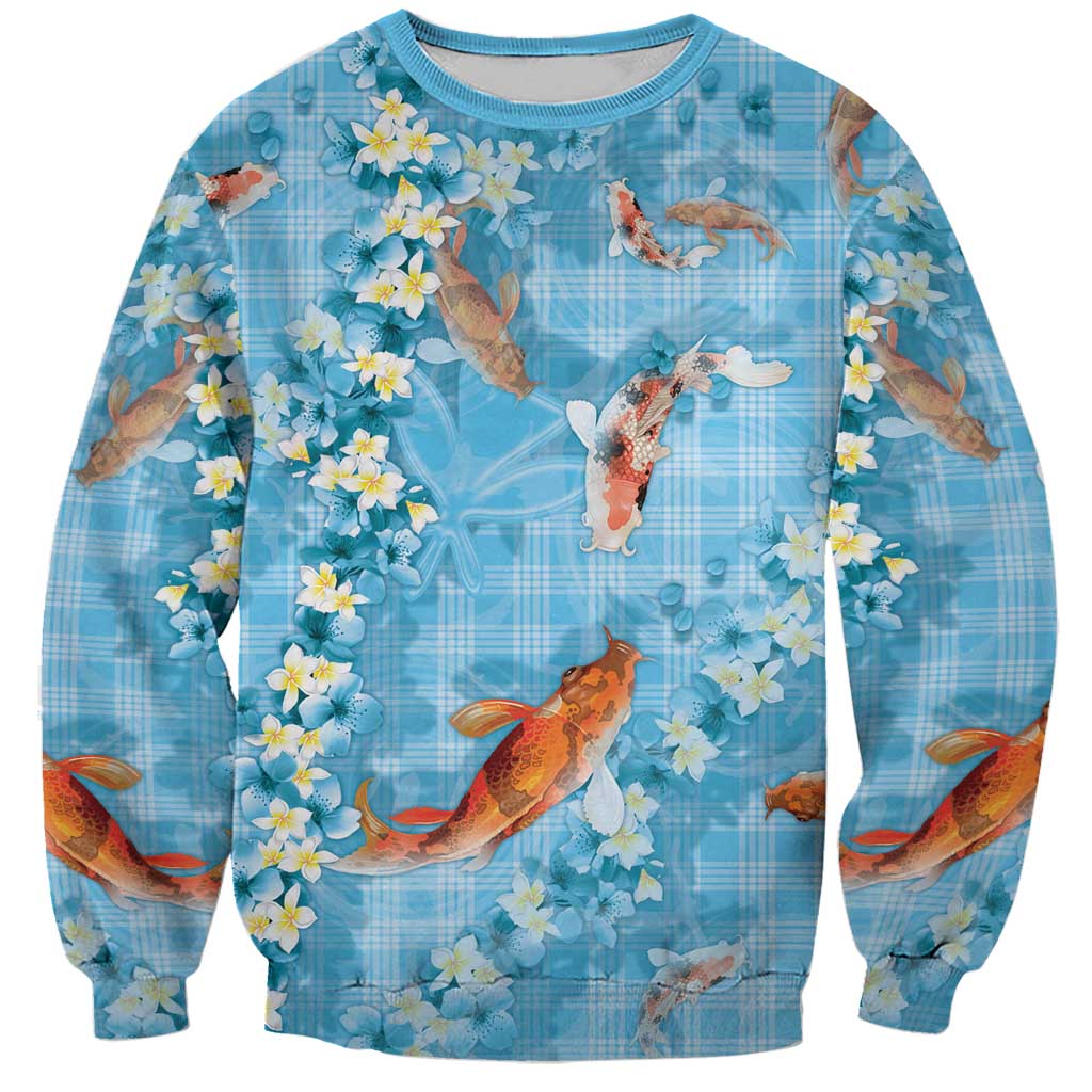 Blue Palaka Hawaiian And Japanese Sweatshirt Sakura Lei With Koi Fish DT05 Unisex Blue - Polynesian Pride