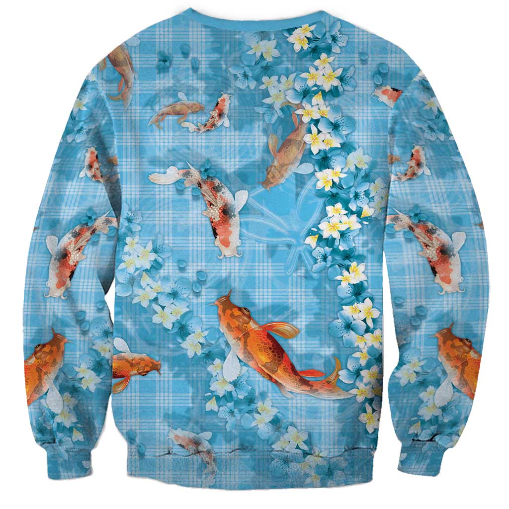 Blue Palaka Hawaiian And Japanese Sweatshirt Sakura Lei With Koi Fish DT05 - Polynesian Pride