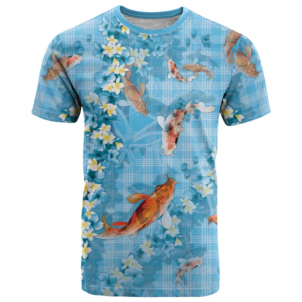 Blue Palaka Hawaiian And Japanese T Shirt Sakura Lei With Koi Fish - Polynesian Pride