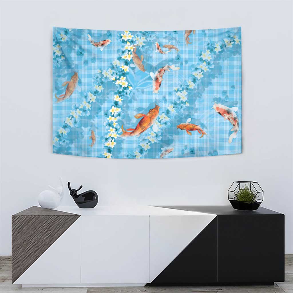 Blue Palaka Hawaiian And Japanese Tapestry Sakura Lei With Koi Fish - Polynesian Pride