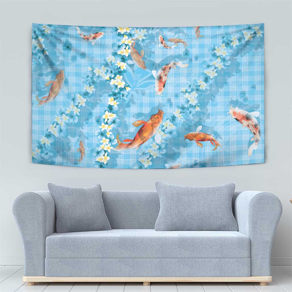 Blue Palaka Hawaiian And Japanese Tapestry Sakura Lei With Koi Fish - Polynesian Pride