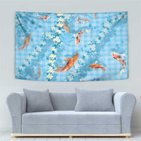 Blue Palaka Hawaiian And Japanese Tapestry Sakura Lei With Koi Fish - Polynesian Pride