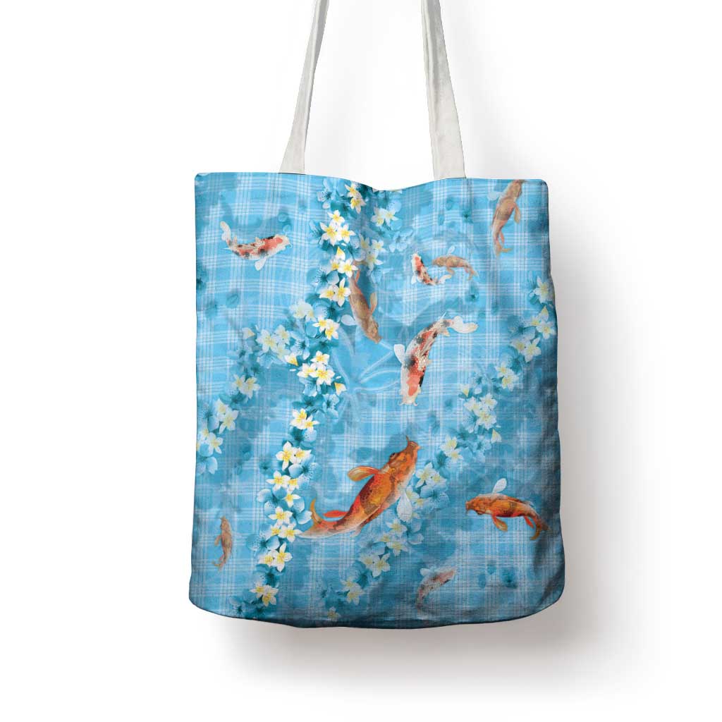 Blue Palaka Hawaiian And Japanese Tote Bag Sakura Lei With Koi Fish - Polynesian Pride