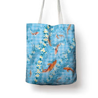 Blue Palaka Hawaiian And Japanese Tote Bag Sakura Lei With Koi Fish - Polynesian Pride