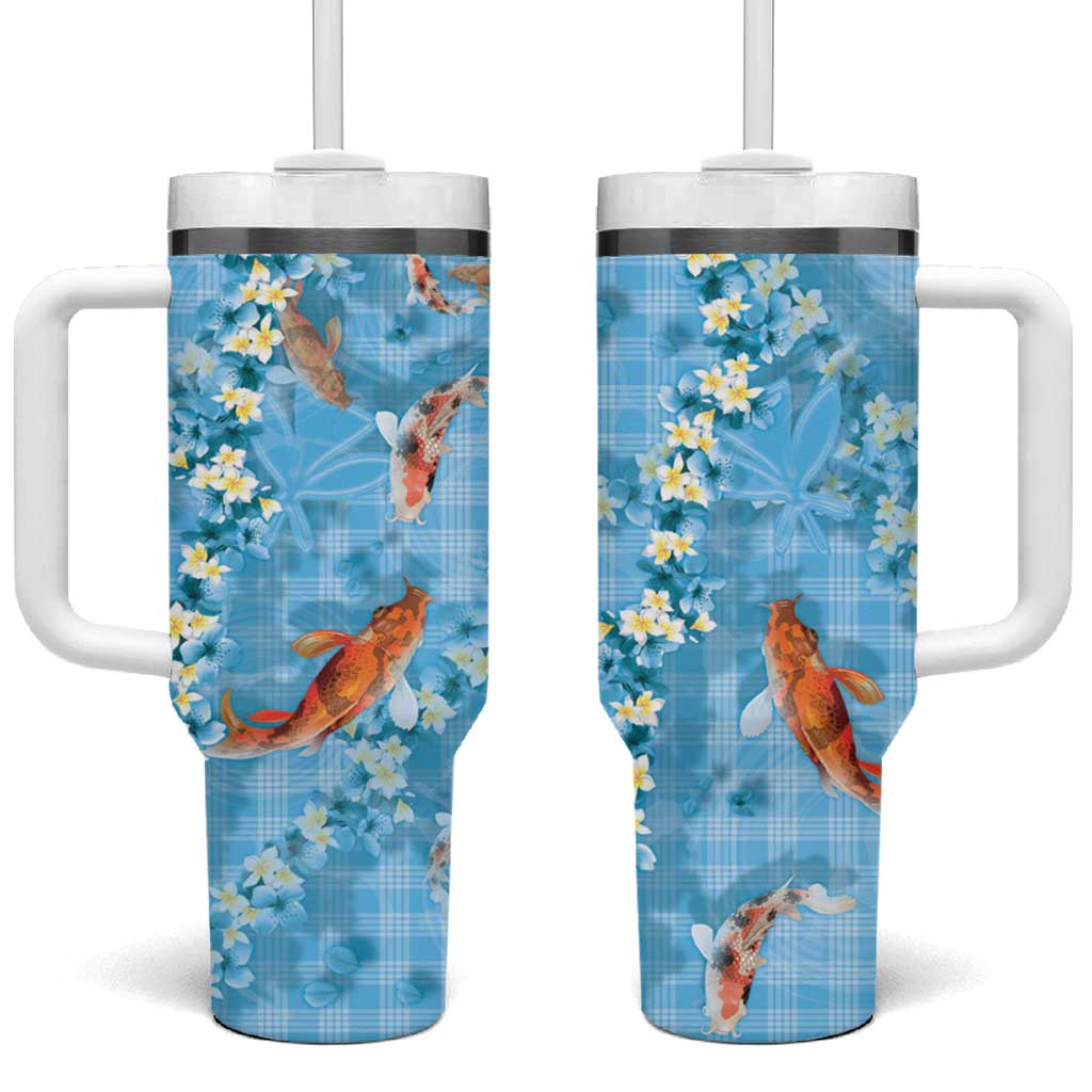 Blue Palaka Hawaiian And Japanese Tumbler With Handle Sakura Lei With Koi Fish - Polynesian Pride