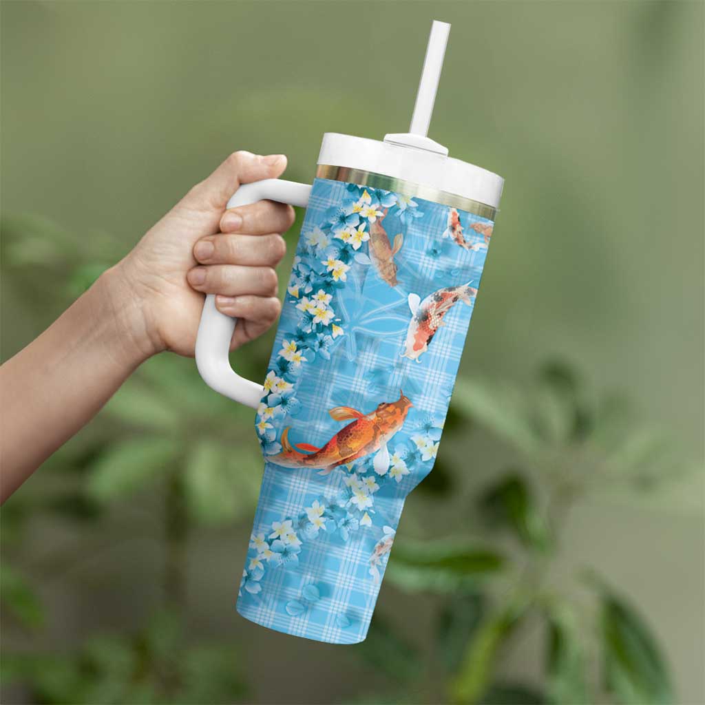 Blue Palaka Hawaiian And Japanese Tumbler With Handle Sakura Lei With Koi Fish - Polynesian Pride