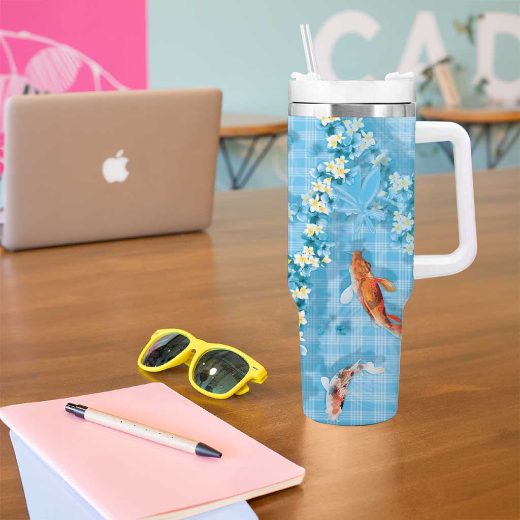 Blue Palaka Hawaiian And Japanese Tumbler With Handle Sakura Lei With Koi Fish - Polynesian Pride