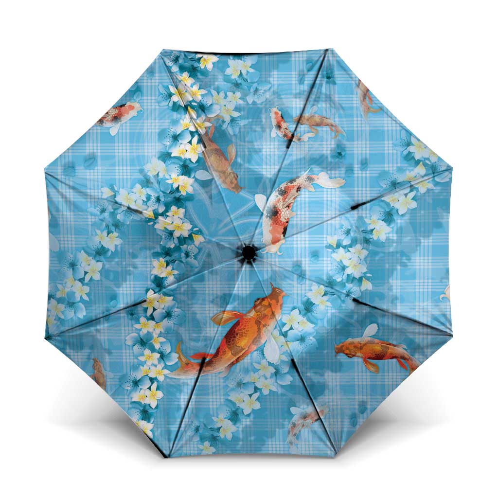 Blue Palaka Hawaiian And Japanese Umbrella Sakura Lei With Koi Fish DT05 One Size Folded 11.42 inch Opened Diameter 37.4 inch Blue - Polynesian Pride