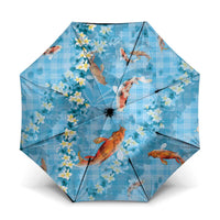 Blue Palaka Hawaiian And Japanese Umbrella Sakura Lei With Koi Fish DT05 One Size Folded 11.42 inch Opened Diameter 37.4 inch Blue - Polynesian Pride