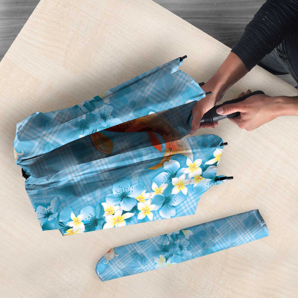 Blue Palaka Hawaiian And Japanese Umbrella Sakura Lei With Koi Fish DT05 - Polynesian Pride