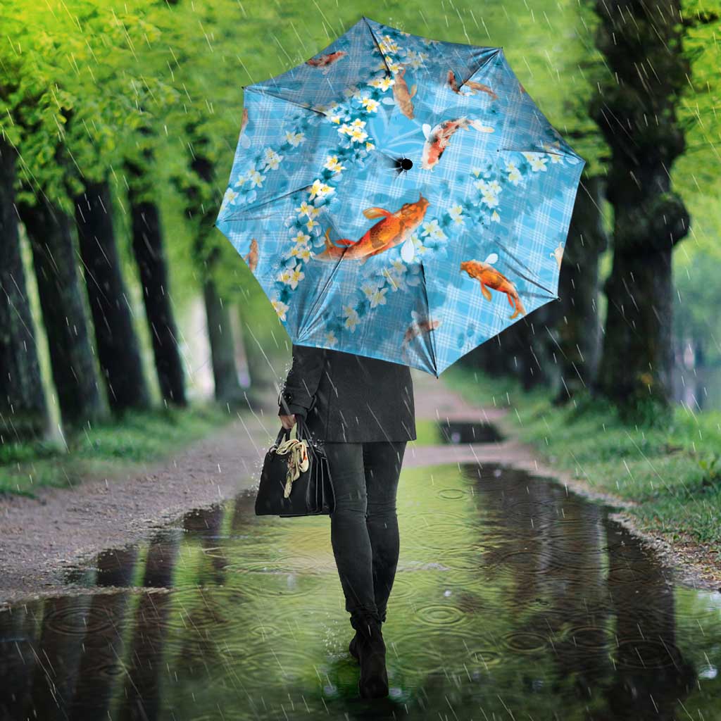 Blue Palaka Hawaiian And Japanese Umbrella Sakura Lei With Koi Fish DT05 - Polynesian Pride