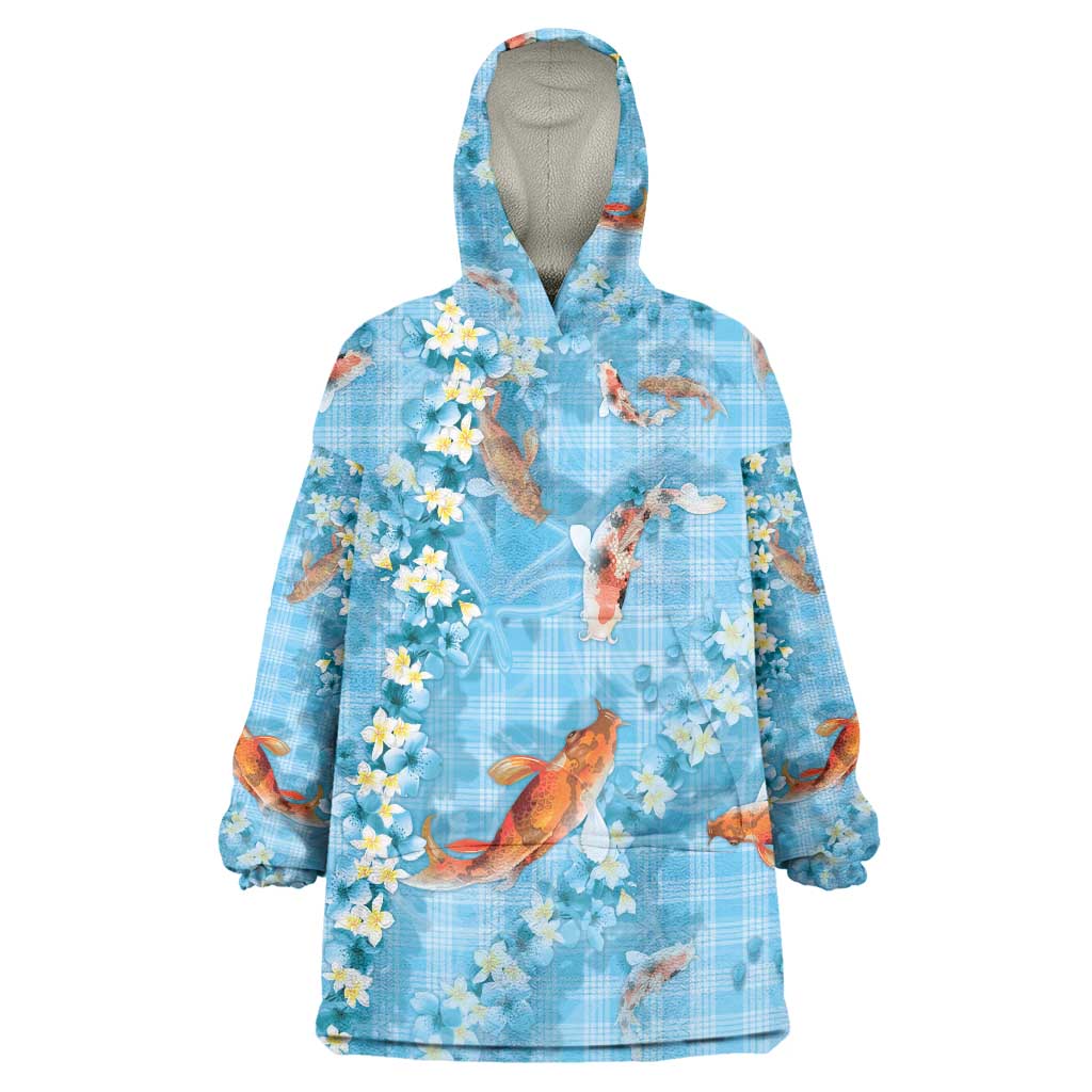 Blue Palaka Hawaiian And Japanese Wearable Blanket Hoodie Sakura Lei With Koi Fish DT05 One Size Blue - Polynesian Pride