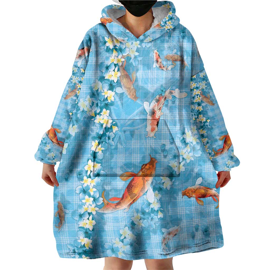 Blue Palaka Hawaiian And Japanese Wearable Blanket Hoodie Sakura Lei With Koi Fish DT05 - Polynesian Pride