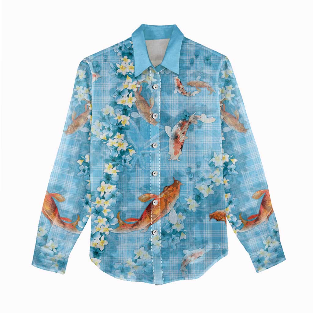 Blue Palaka Hawaiian And Japanese Women Casual Shirt Sakura Lei With Koi Fish - Polynesian Pride