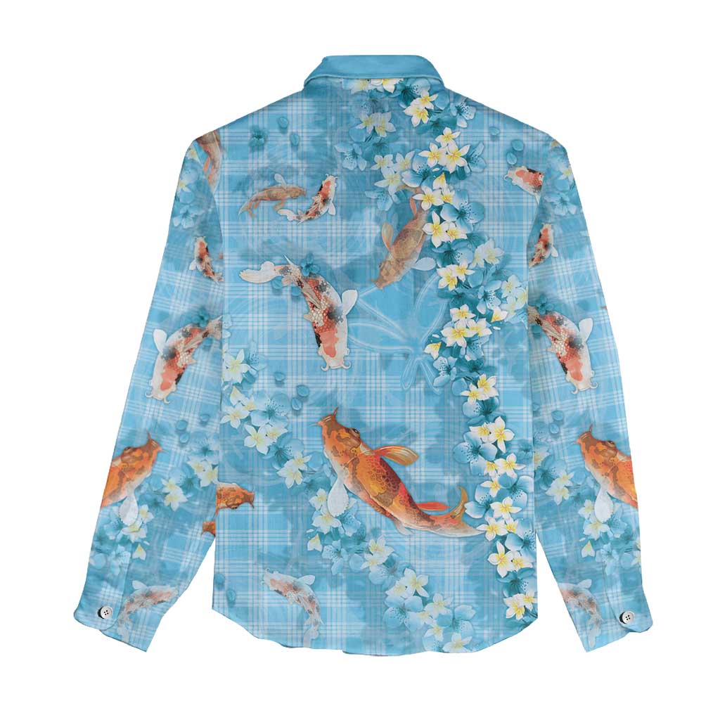 Blue Palaka Hawaiian And Japanese Women Casual Shirt Sakura Lei With Koi Fish - Polynesian Pride