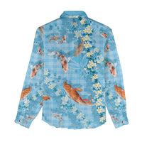 Blue Palaka Hawaiian And Japanese Women Casual Shirt Sakura Lei With Koi Fish - Polynesian Pride