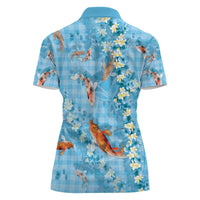 Blue Palaka Hawaiian And Japanese Women Polo Shirt Sakura Lei With Koi Fish - Polynesian Pride
