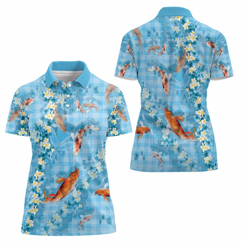 Blue Palaka Hawaiian And Japanese Women Polo Shirt Sakura Lei With Koi Fish - Polynesian Pride