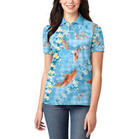 Blue Palaka Hawaiian And Japanese Women Polo Shirt Sakura Lei With Koi Fish - Polynesian Pride