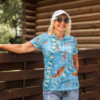 Blue Palaka Hawaiian And Japanese Women Polo Shirt Sakura Lei With Koi Fish - Polynesian Pride