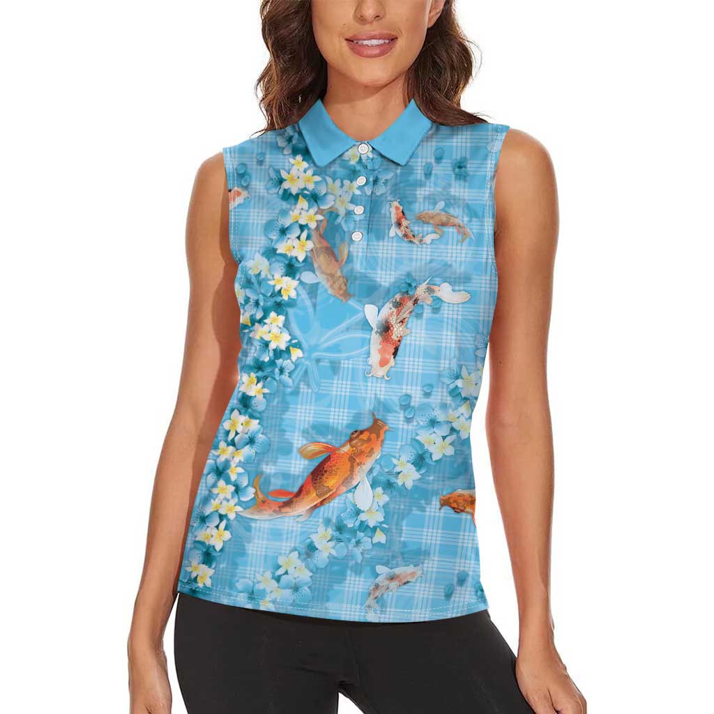 Blue Palaka Hawaiian And Japanese Women Sleeveless Polo Shirt Sakura Lei With Koi Fish DT05 - Polynesian Pride