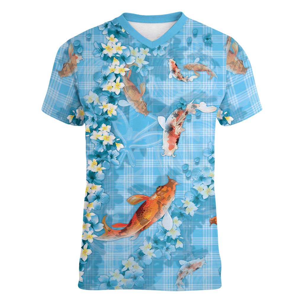 Blue Palaka Hawaiian And Japanese Women V-Neck T-Shirt Sakura Lei With Koi Fish DT05 Female Blue - Polynesian Pride