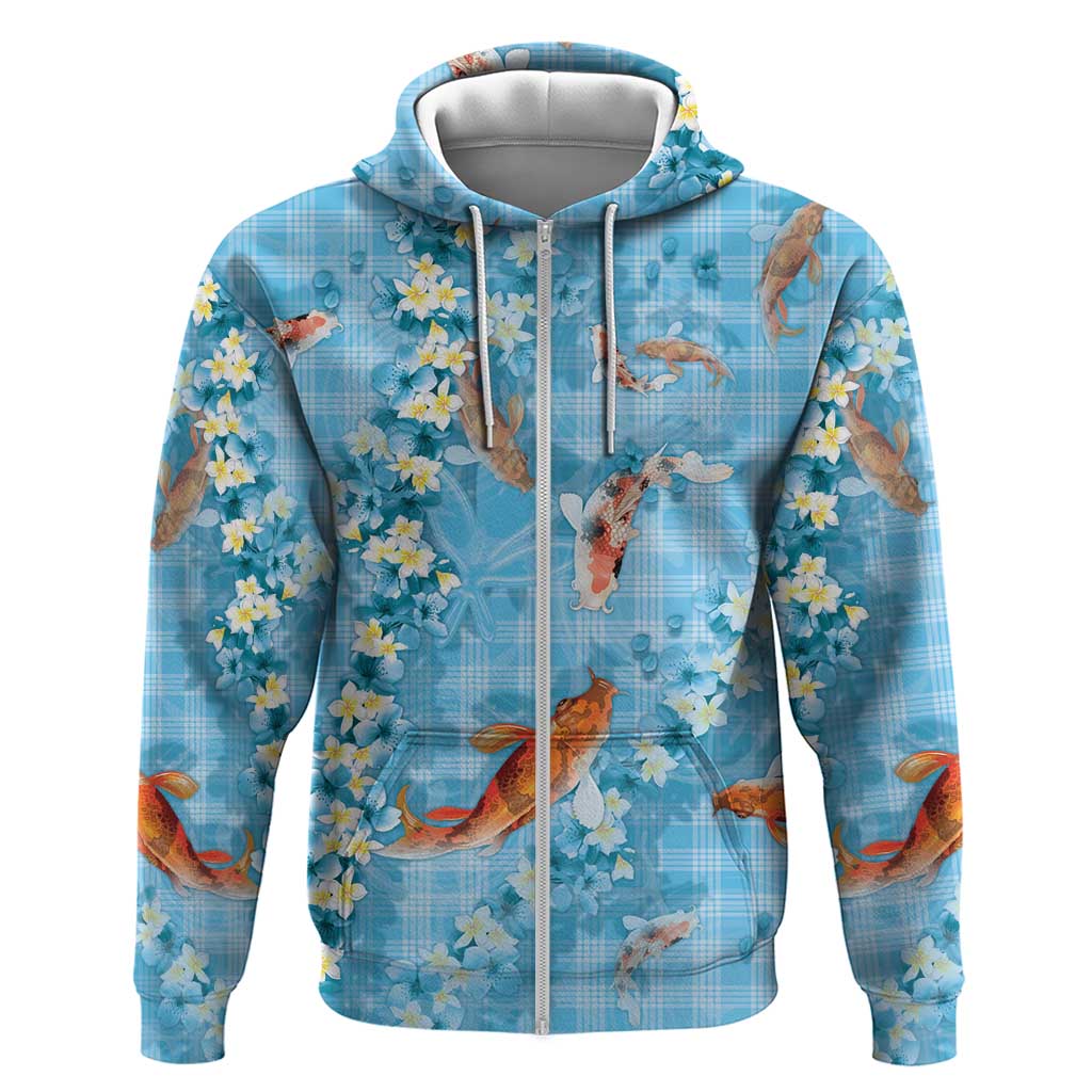Blue Palaka Hawaiian And Japanese Zip Hoodie Sakura Lei With Koi Fish DT05 Zip Hoodie Blue - Polynesian Pride