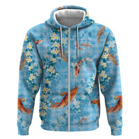 Blue Palaka Hawaiian And Japanese Zip Hoodie Sakura Lei With Koi Fish DT05 Zip Hoodie Blue - Polynesian Pride