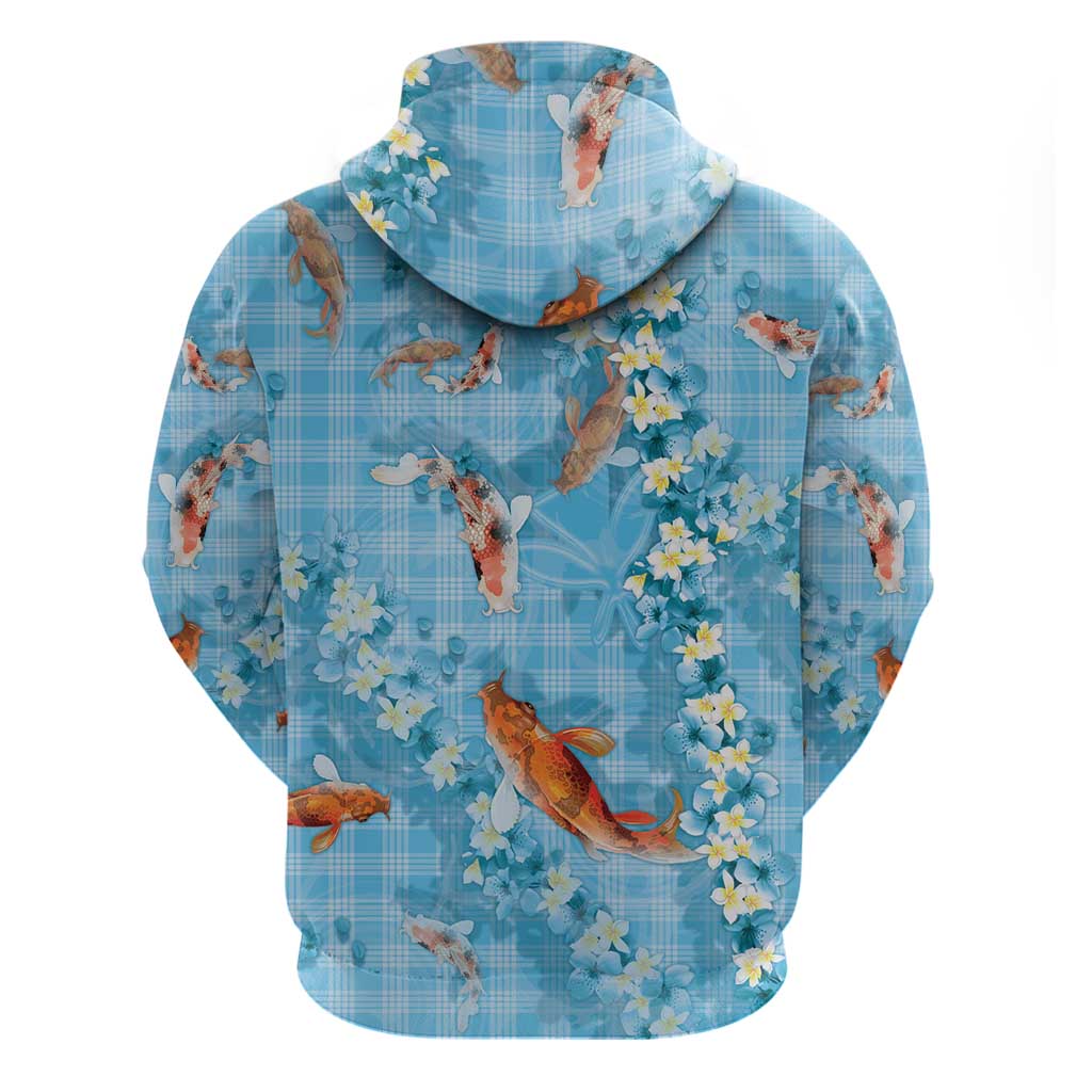 Blue Palaka Hawaiian And Japanese Zip Hoodie Sakura Lei With Koi Fish DT05 - Polynesian Pride
