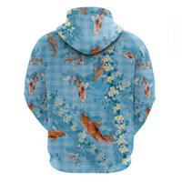 Blue Palaka Hawaiian And Japanese Zip Hoodie Sakura Lei With Koi Fish DT05 - Polynesian Pride